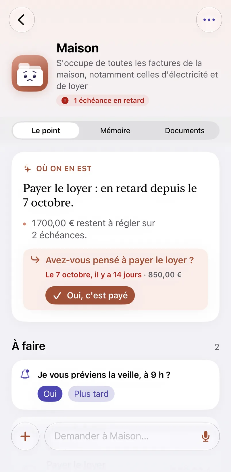 Le point de la secrétaire « Maison » : « Avez-vous pensé à payer le loyer ? », avec le bouton « Oui, c'est payé ».